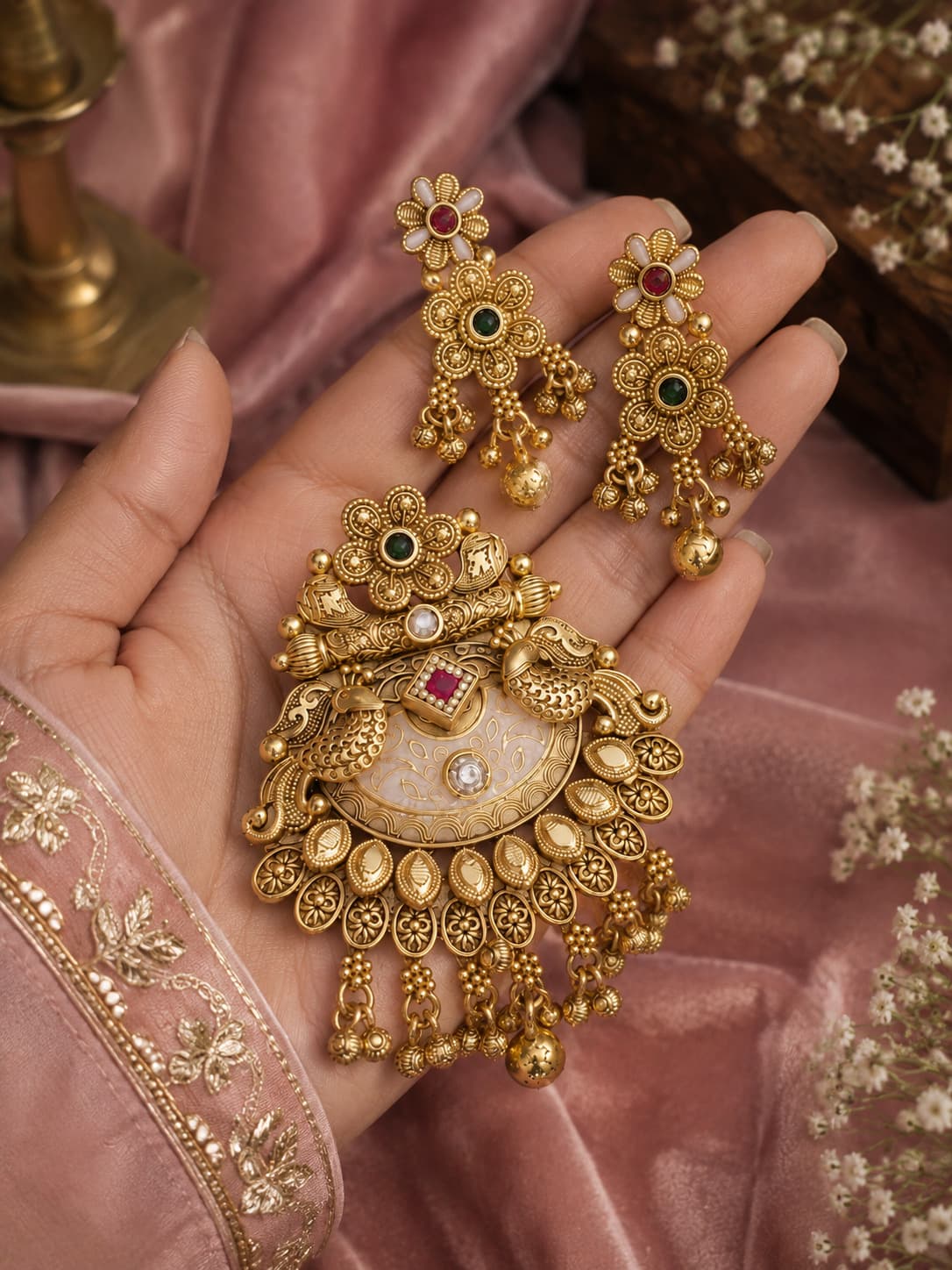 Antique Gold Peacock Pendant Set with Mother-of-Pearl & Kundan Earrings – image 2