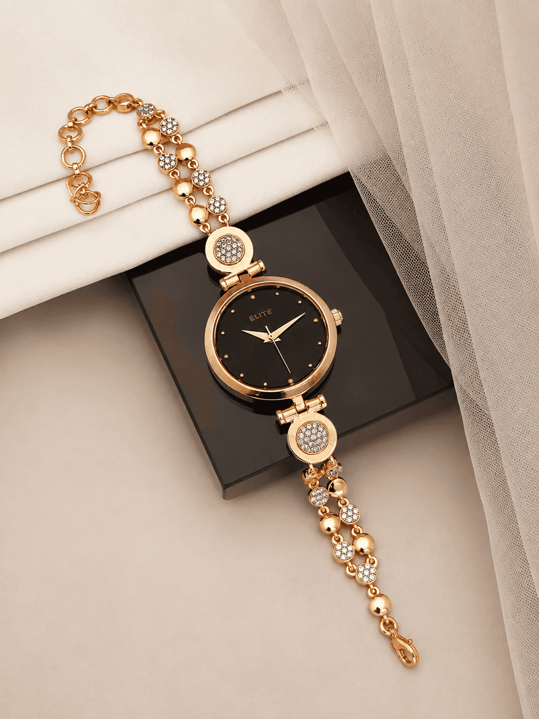 Elite Women's Rose Gold Crystal Bracelet Watch – Black Dial Analog