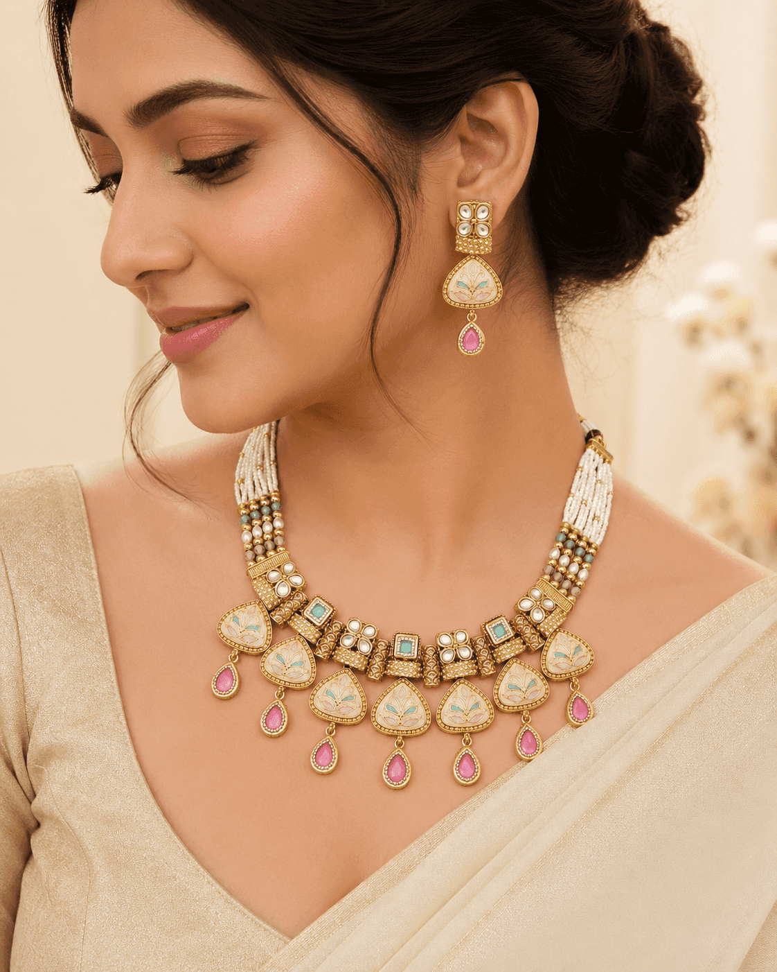 Pastel Meenakari Kundan Necklace Set with Pink Drops & Pearls