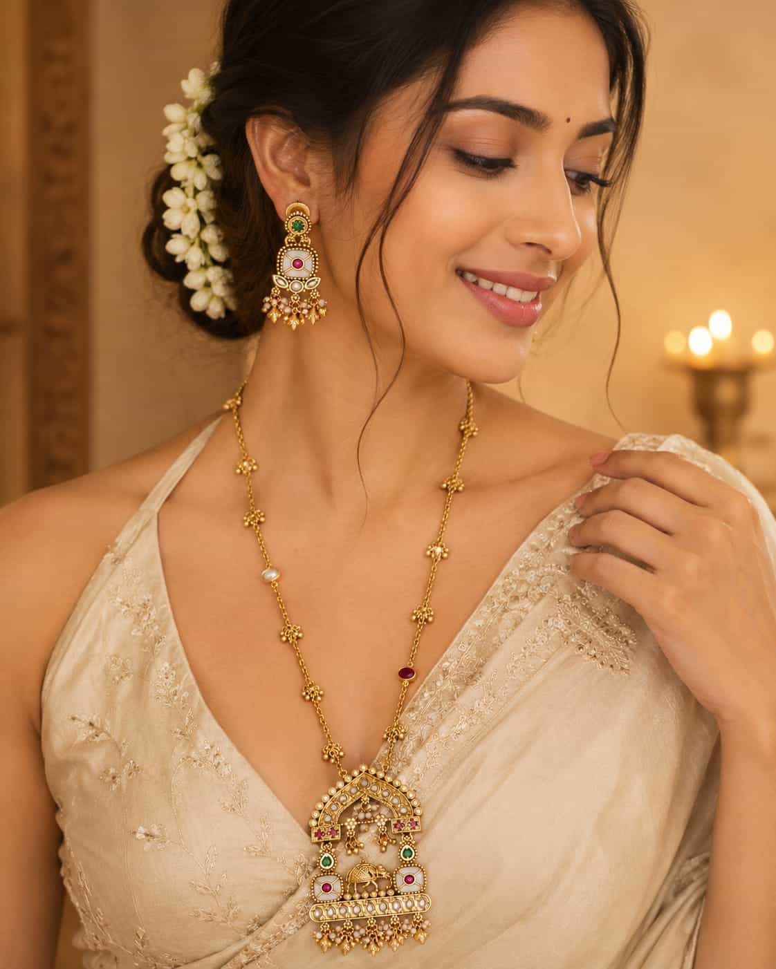Antique Gold-Plated Temple Necklace Set with Elephant Motif & Kundan Stones